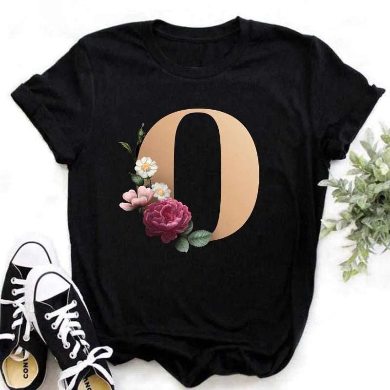 A B C D E English Alphabet Print T Shirt Women New Summer Couples Lovers Female T-Shirt Harajuku Casual Black Tops Tshirts - chinatopmarket
