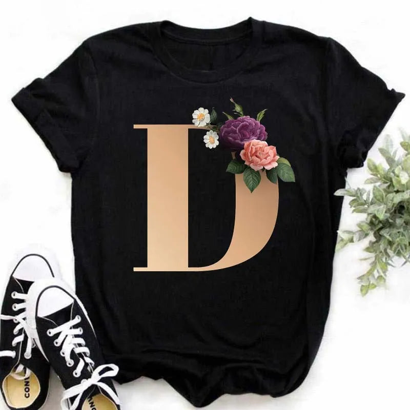 A B C D E English Alphabet Print T Shirt Women New Summer Couples Lovers Female T-Shirt Harajuku Casual Black Tops Tshirts - chinatopmarket