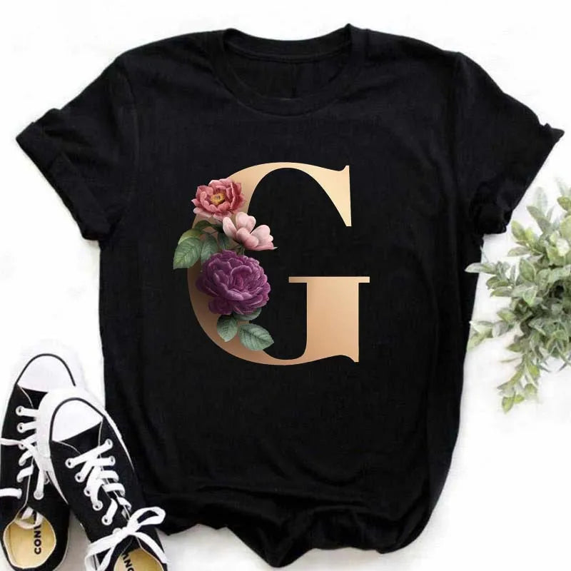 A B C D E English Alphabet Print T Shirt Women New Summer Couples Lovers Female T-Shirt Harajuku Casual Black Tops Tshirts - chinatopmarket