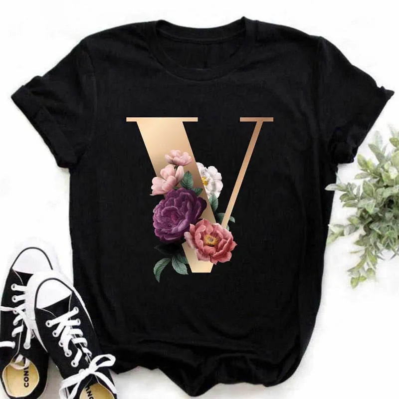 A B C D E English Alphabet Print T Shirt Women New Summer Couples Lovers Female T-Shirt Harajuku Casual Black Tops Tshirts - chinatopmarket
