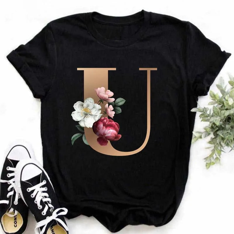 A B C D E English Alphabet Print T Shirt Women New Summer Couples Lovers Female T-Shirt Harajuku Casual Black Tops Tshirts - chinatopmarket