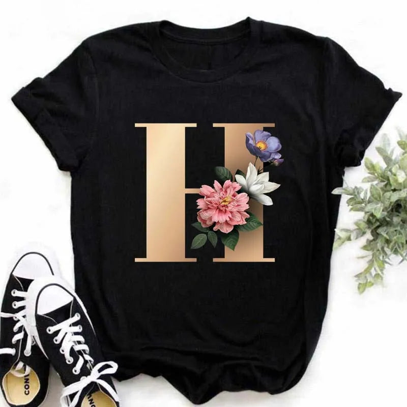 A B C D E English Alphabet Print T Shirt Women New Summer Couples Lovers Female T-Shirt Harajuku Casual Black Tops Tshirts - chinatopmarket