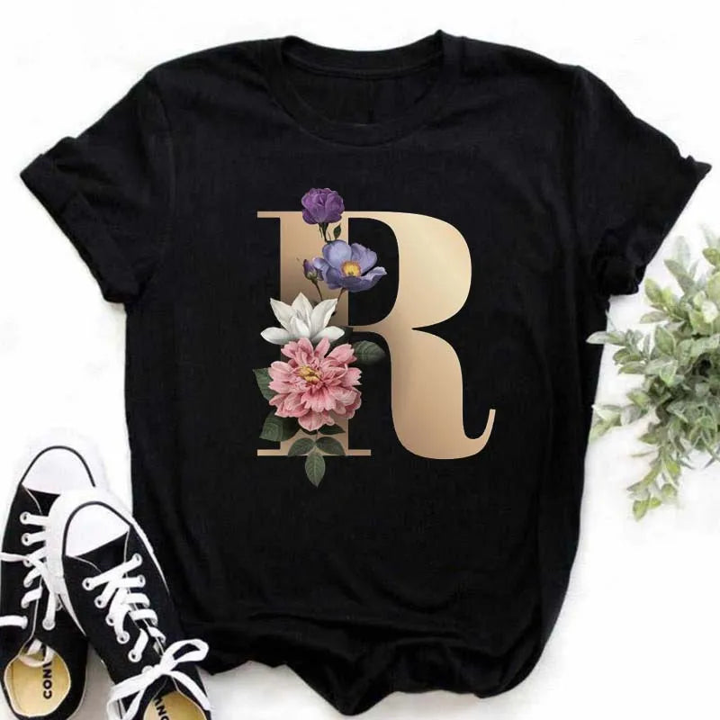 A B C D E English Alphabet Print T Shirt Women New Summer Couples Lovers Female T-Shirt Harajuku Casual Black Tops Tshirts - chinatopmarket