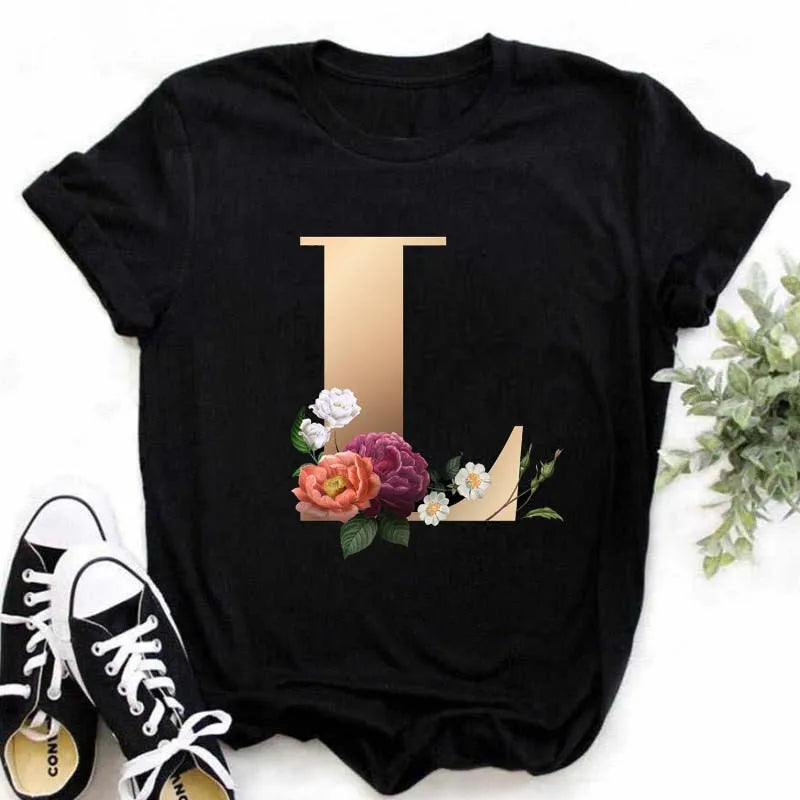 A B C D E English Alphabet Print T Shirt Women New Summer Couples Lovers Female T-Shirt Harajuku Casual Black Tops Tshirts - chinatopmarket