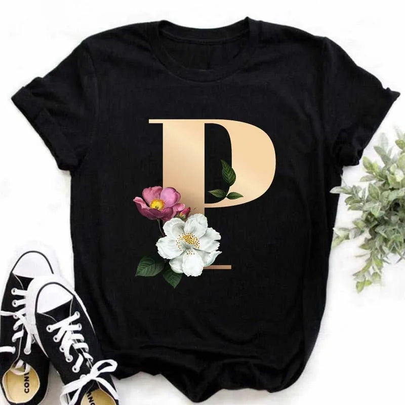 A B C D E English Alphabet Print T Shirt Women New Summer Couples Lovers Female T-Shirt Harajuku Casual Black Tops Tshirts - chinatopmarket