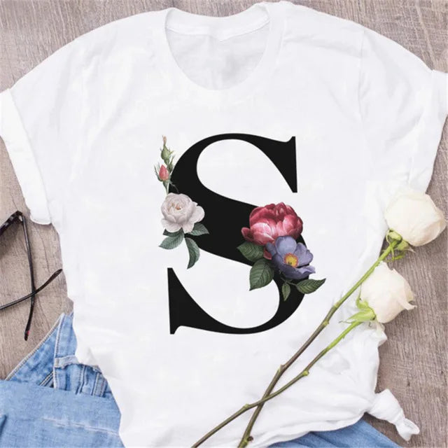 A B C D E English Alphabet Print T Shirt Women New Summer Couples Lovers Female T-Shirt Harajuku Casual Black Tops Tshirts - chinatopmarket