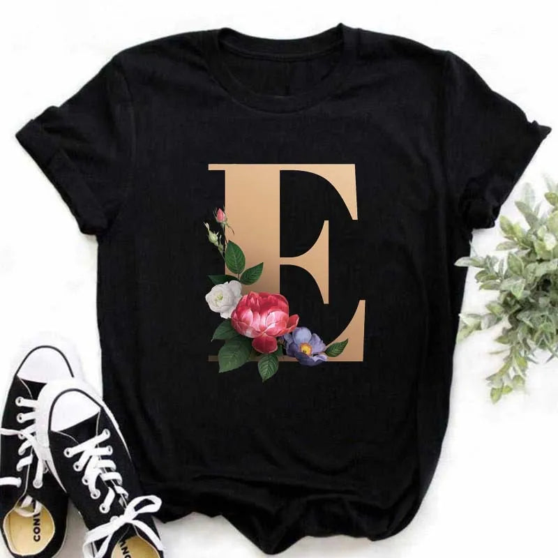 A B C D E English Alphabet Print T Shirt Women New Summer Couples Lovers Female T-Shirt Harajuku Casual Black Tops Tshirts - chinatopmarket
