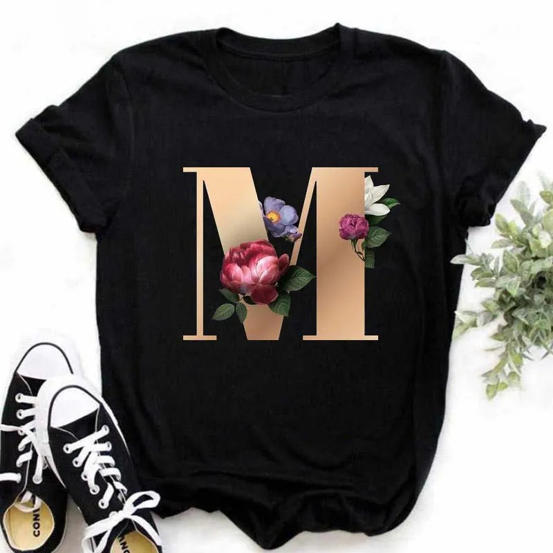 A B C D E English Alphabet Print T Shirt Women New Summer Couples Lovers Female T-Shirt Harajuku Casual Black Tops Tshirts - chinatopmarket