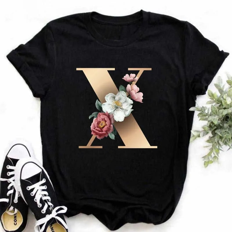 A B C D E English Alphabet Print T Shirt Women New Summer Couples Lovers Female T-Shirt Harajuku Casual Black Tops Tshirts - chinatopmarket