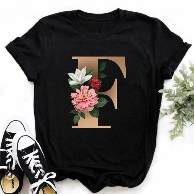 A B C D E English Alphabet Print T Shirt Women New Summer Couples Lovers Female T-Shirt Harajuku Casual Black Tops Tshirts - chinatopmarket