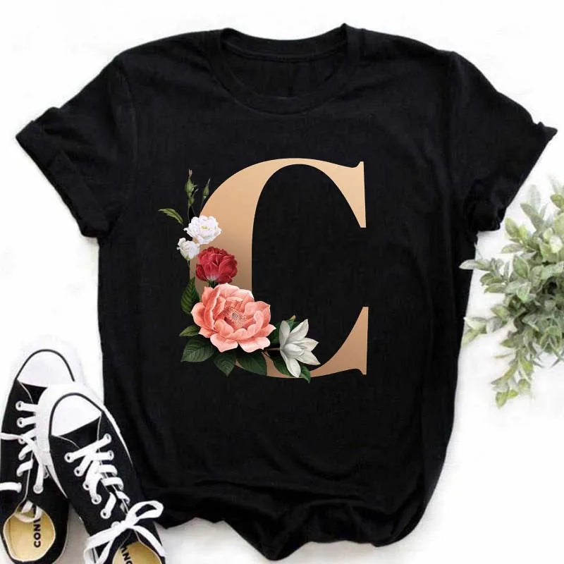 A B C D E English Alphabet Print T Shirt Women New Summer Couples Lovers Female T-Shirt Harajuku Casual Black Tops Tshirts - chinatopmarket
