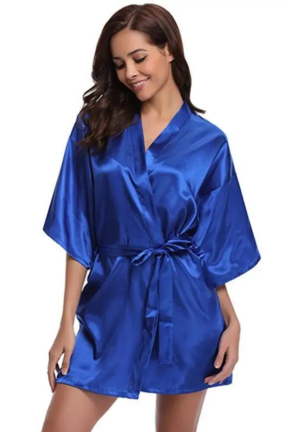 RB032 2018 New Silk Kimono Robe Bathrobe Women Silk Bridesmaid Robes Sexy Navy Blue Robes Satin Robe Ladies Dressing Gowns - chinatopmarket