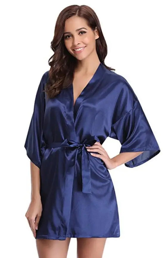 RB032 2018 New Silk Kimono Robe Bathrobe Women Silk Bridesmaid Robes Sexy Navy Blue Robes Satin Robe Ladies Dressing Gowns - chinatopmarket