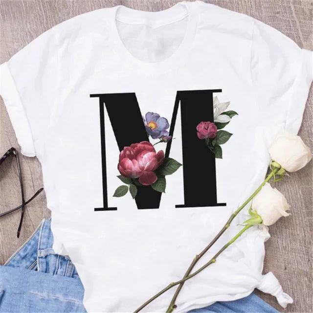 A B C D E English Alphabet Print T Shirt Women New Summer Couples Lovers Female T-Shirt Harajuku Casual Black Tops Tshirts - chinatopmarket