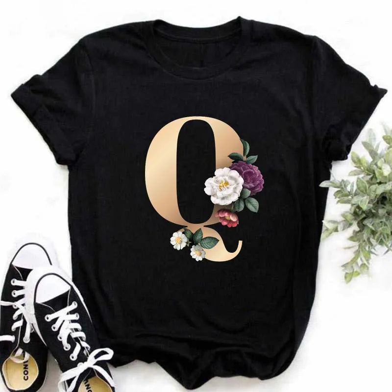 A B C D E English Alphabet Print T Shirt Women New Summer Couples Lovers Female T-Shirt Harajuku Casual Black Tops Tshirts - chinatopmarket