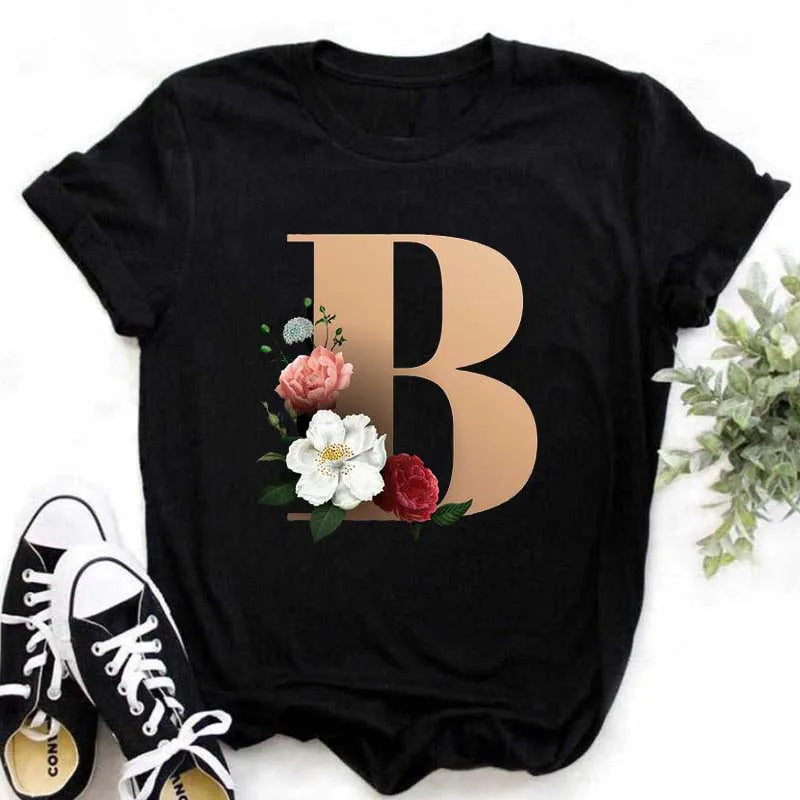 A B C D E English Alphabet Print T Shirt Women New Summer Couples Lovers Female T-Shirt Harajuku Casual Black Tops Tshirts - chinatopmarket