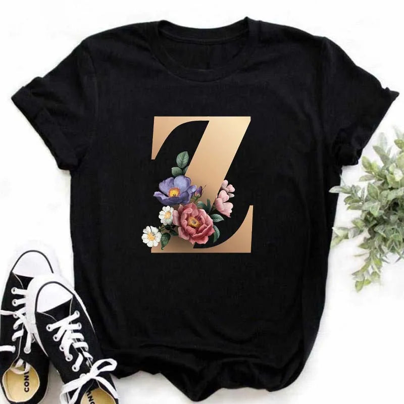 A B C D E English Alphabet Print T Shirt Women New Summer Couples Lovers Female T-Shirt Harajuku Casual Black Tops Tshirts - chinatopmarket