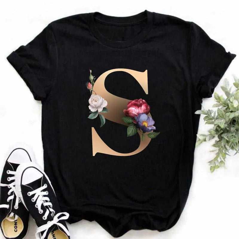 A B C D E English Alphabet Print T Shirt Women New Summer Couples Lovers Female T-Shirt Harajuku Casual Black Tops Tshirts - chinatopmarket