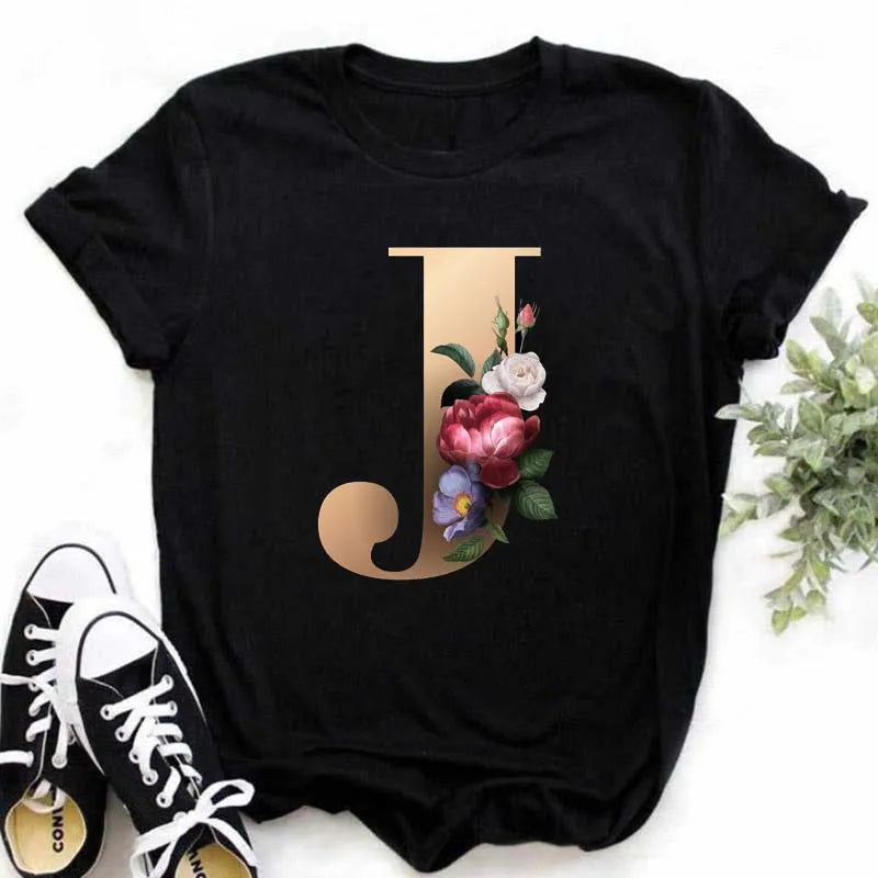 A B C D E English Alphabet Print T Shirt Women New Summer Couples Lovers Female T-Shirt Harajuku Casual Black Tops Tshirts - chinatopmarket