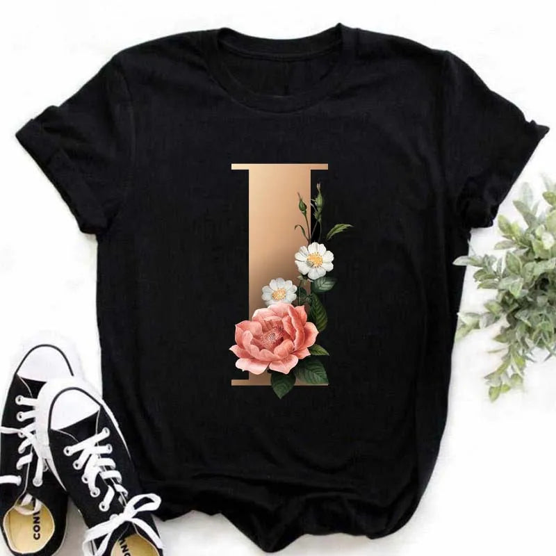 A B C D E English Alphabet Print T Shirt Women New Summer Couples Lovers Female T-Shirt Harajuku Casual Black Tops Tshirts - chinatopmarket