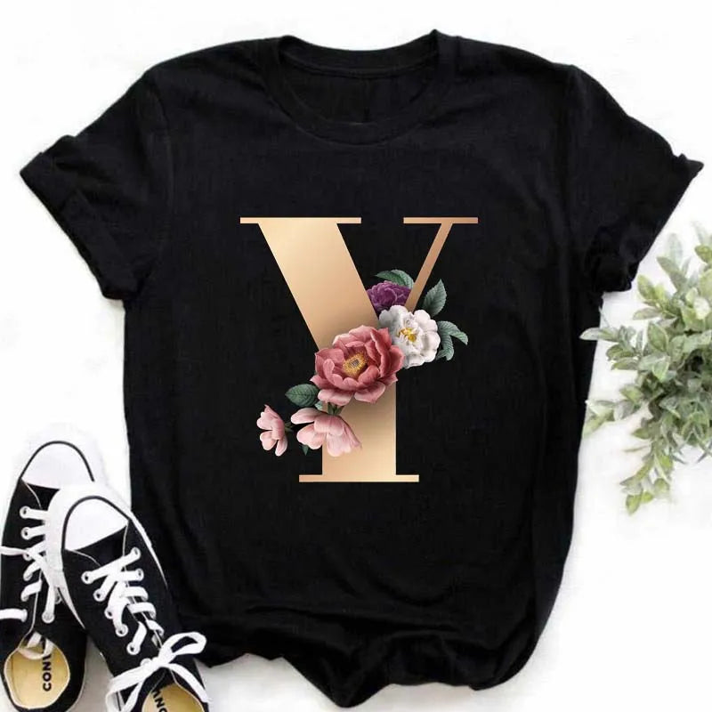 A B C D E English Alphabet Print T Shirt Women New Summer Couples Lovers Female T-Shirt Harajuku Casual Black Tops Tshirts - chinatopmarket