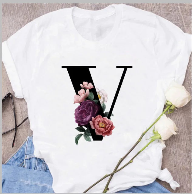 A B C D E English Alphabet Print T Shirt Women New Summer Couples Lovers Female T-Shirt Harajuku Casual Black Tops Tshirts - chinatopmarket