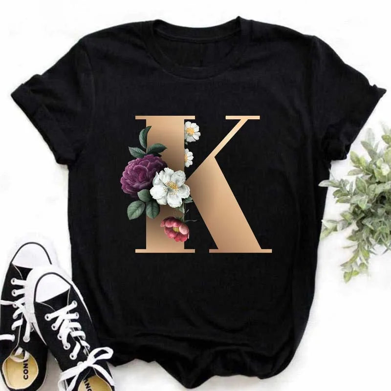 A B C D E English Alphabet Print T Shirt Women New Summer Couples Lovers Female T-Shirt Harajuku Casual Black Tops Tshirts - chinatopmarket