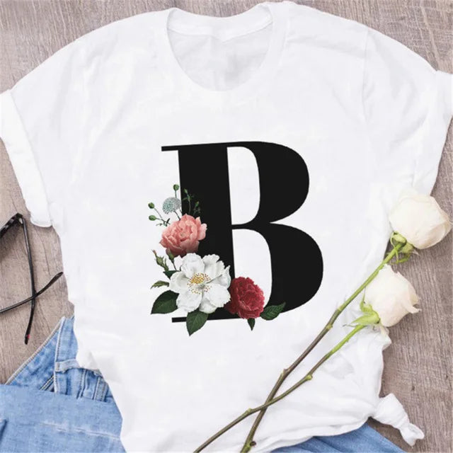 A B C D E English Alphabet Print T Shirt Women New Summer Couples Lovers Female T-Shirt Harajuku Casual Black Tops Tshirts - chinatopmarket