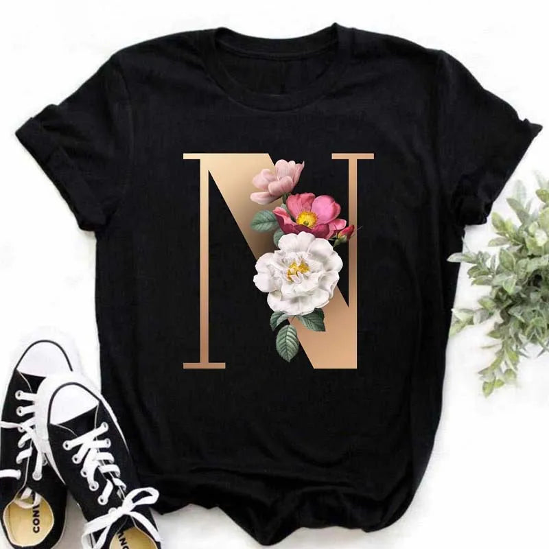 A B C D E English Alphabet Print T Shirt Women New Summer Couples Lovers Female T-Shirt Harajuku Casual Black Tops Tshirts - chinatopmarket