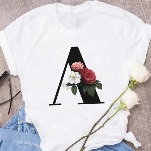 A B C D E English Alphabet Print T Shirt Women New Summer Couples Lovers Female T-Shirt Harajuku Casual Black Tops Tshirts - chinatopmarket