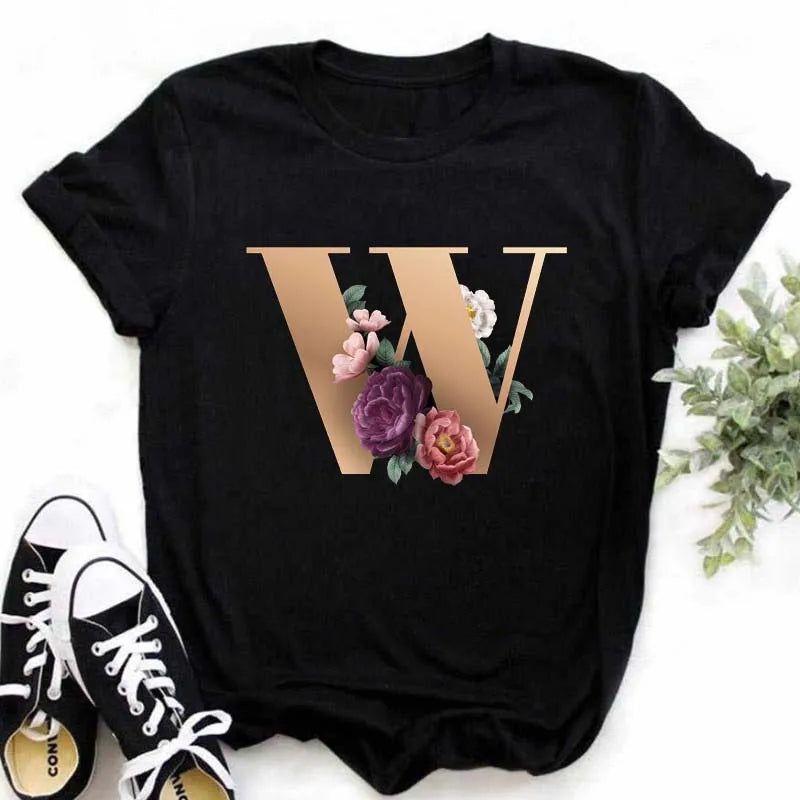 A B C D E English Alphabet Print T Shirt Women New Summer Couples Lovers Female T-Shirt Harajuku Casual Black Tops Tshirts - chinatopmarket