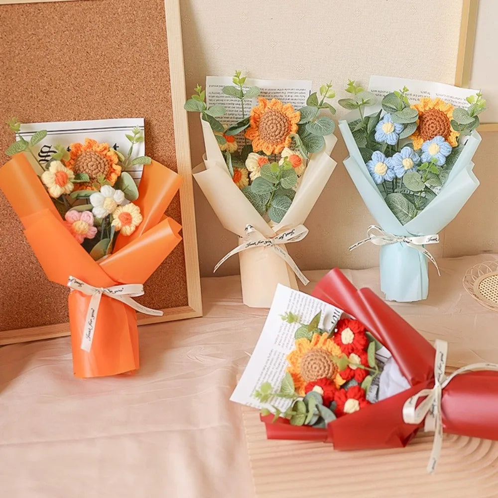 Artificial Flower Crochet Bouquet Handmade Anniversary Sunflower Daisy Bouquet Mothers Day Birthday Gift Eternal Flower - chinatopmarket
