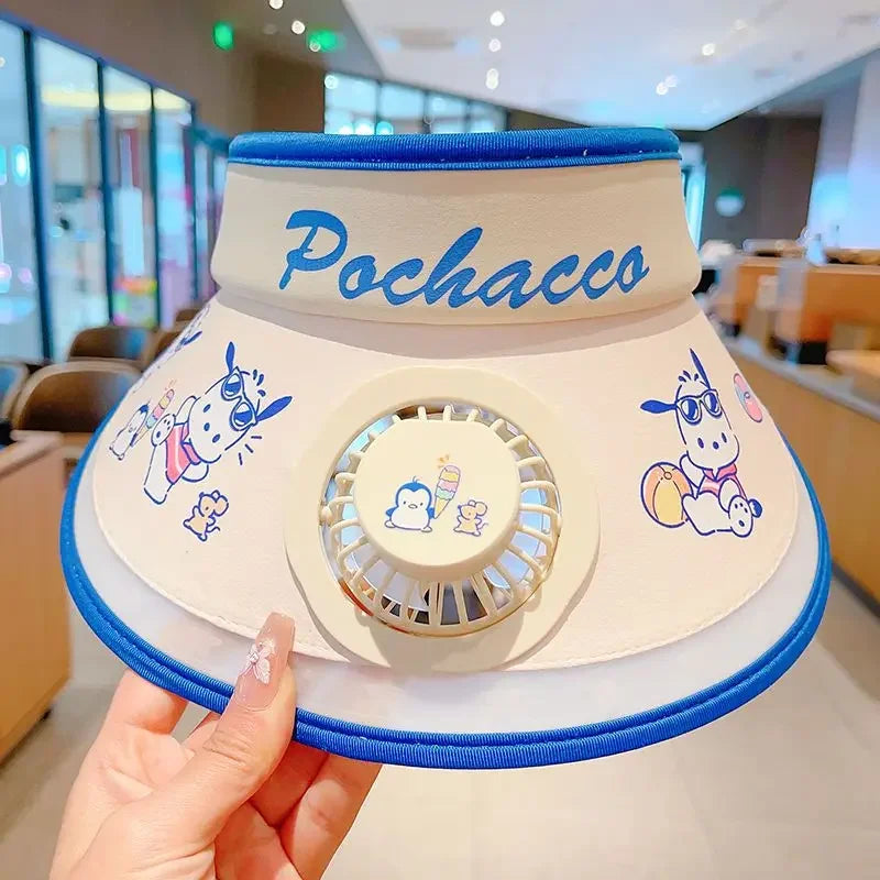 Hello Kitty Kuromi My melody Pochacco summer children's multifunctional sun protection hat with fan and sunshade large brim - chinatopmarket