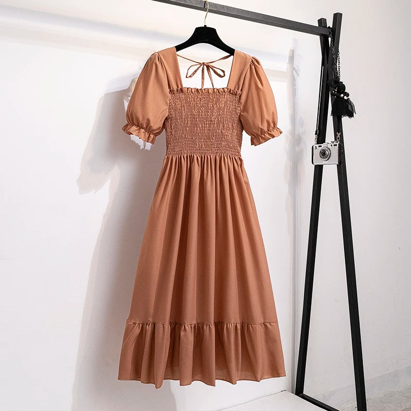 Spring Summer Chiffon Dresses Fashion Female Elastic Waist Short Sleeve Pleated Casual Dress Women A-line Dresses Vestidos - chinatopmarket