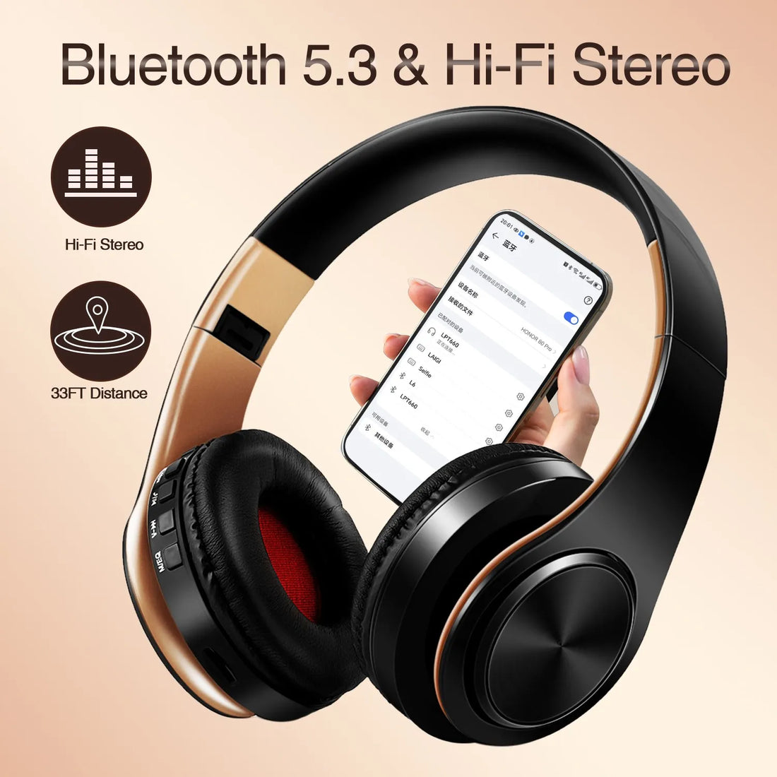 Men Gift Gold Wireless Headphones Bluetooth Earphone Stereo Headset Game with Build-in MIC with Universal for Android and iOS - chinatopmarket
