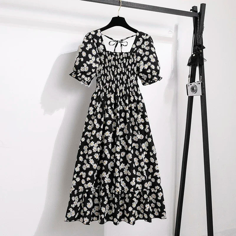 Spring Summer Chiffon Dresses Fashion Female Elastic Waist Short Sleeve Pleated Casual Dress Women A-line Dresses Vestidos - chinatopmarket