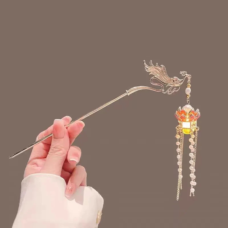 Luminous Flower Hairpin For Women Creative Lotus Emit Light Lantern Tassel Hair Stick Vintage Chinese Style Metal Hair Accessory - chinatopmarket