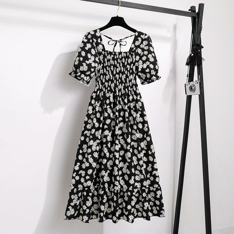Spring Summer Chiffon Dresses Fashion Female Elastic Waist Short Sleeve Pleated Casual Dress Women A-line Dresses Vestidos - chinatopmarket