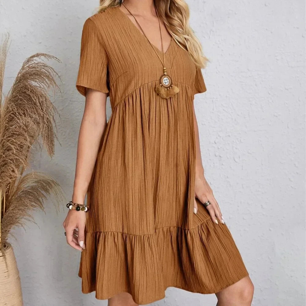 Women Summer Peplum Dresses Spring V-Neck Short Sleeve Loose Waist Ruffle Fit Flare Vocation Dresses - chinatopmarket