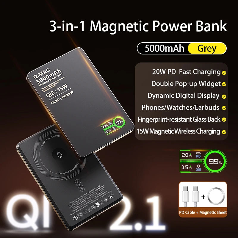 QI 2.1 Magnetic Powerbank Wireless Fast Charing Spare Portable External Battery for iPhone 12-17 Pro Watch Airpods 5000/10000mAh - chinatopmarket