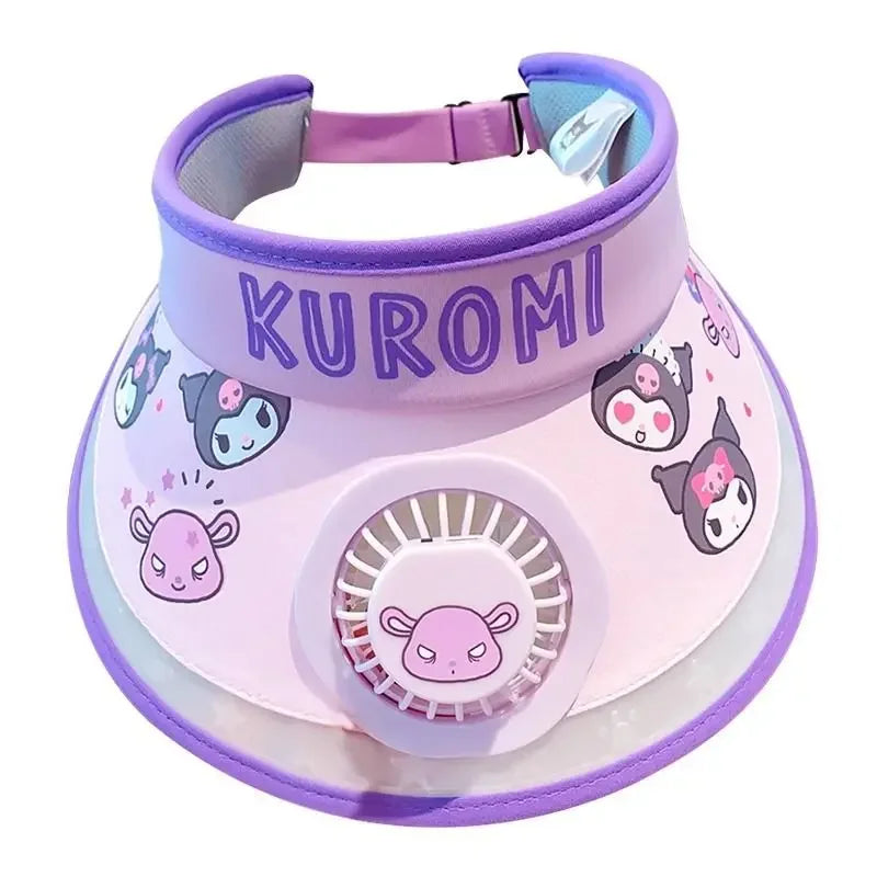 Hello Kitty Kuromi My melody Pochacco summer children's multifunctional sun protection hat with fan and sunshade large brim - chinatopmarket