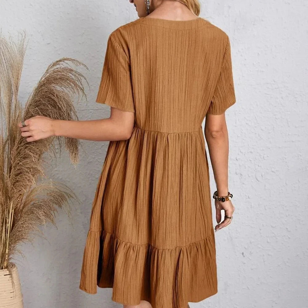 Women Summer Peplum Dresses Spring V-Neck Short Sleeve Loose Waist Ruffle Fit Flare Vocation Dresses - chinatopmarket