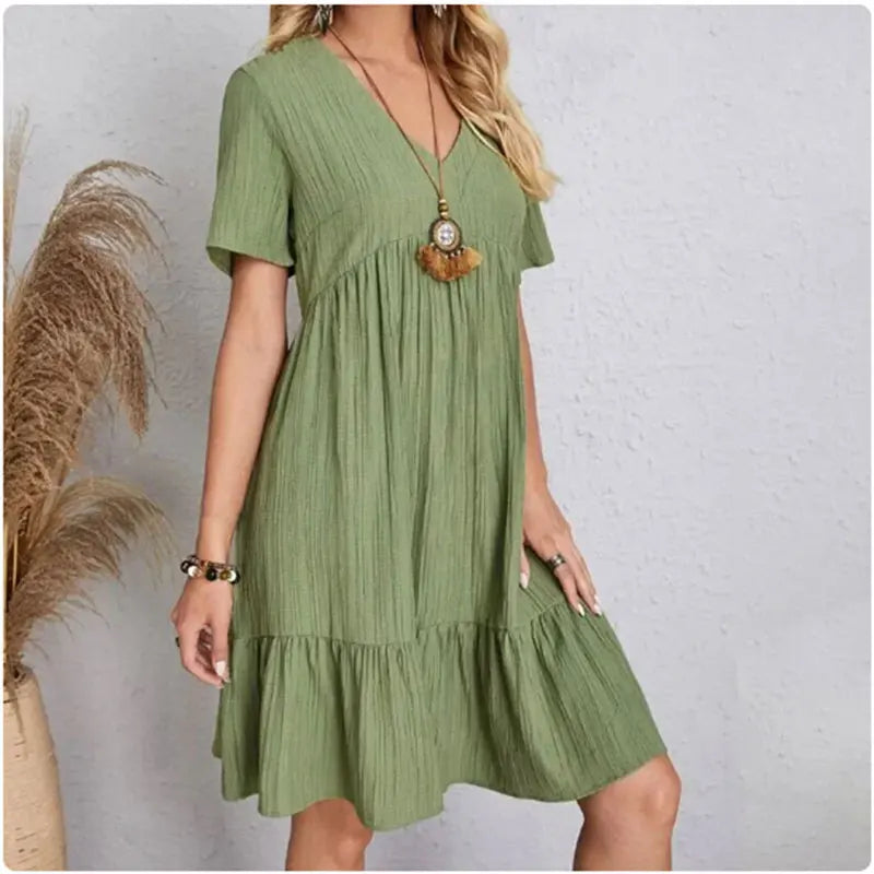 Women Summer Peplum Dresses Spring V-Neck Short Sleeve Loose Waist Ruffle Fit Flare Vocation Dresses - chinatopmarket