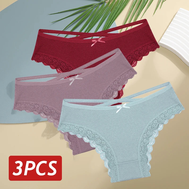3PCS/Set Women Cotton Panties Sexy Low Rise Lace Brazilian Panties Hollow Out Soft Breathable Lingerie Female Bow Underwear S-XL - chinatopmarket