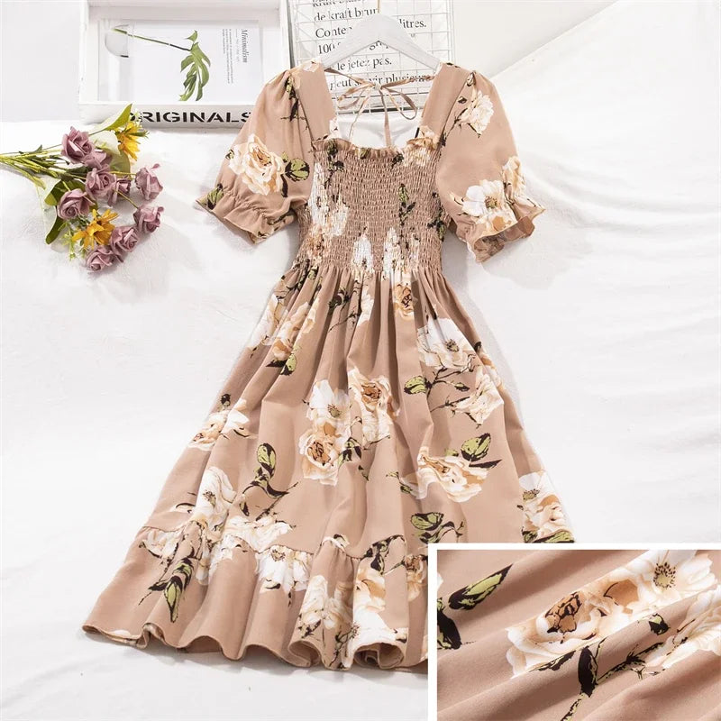 Spring Summer Chiffon Dresses Fashion Female Elastic Waist Short Sleeve Pleated Casual Dress Women A-line Dresses Vestidos - chinatopmarket