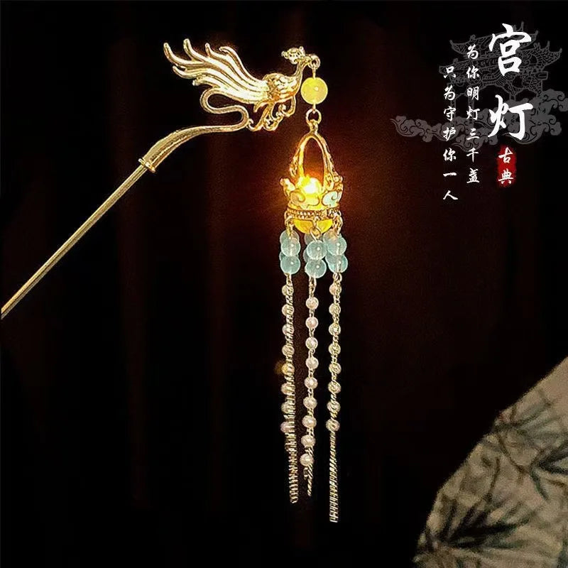 Luminous Flower Hairpin For Women Creative Lotus Emit Light Lantern Tassel Hair Stick Vintage Chinese Style Metal Hair Accessory - chinatopmarket
