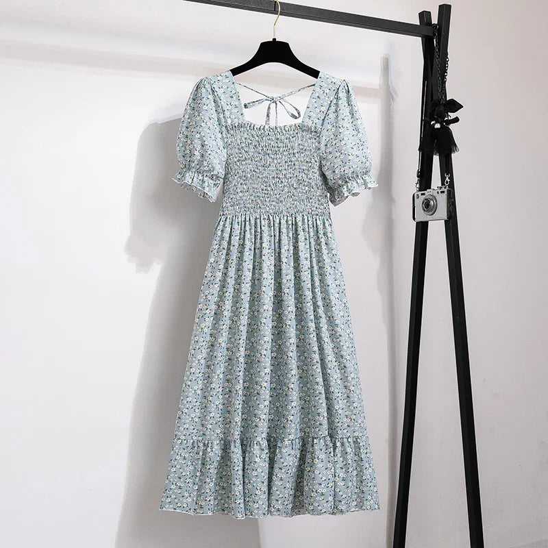 Spring Summer Chiffon Dresses Fashion Female Elastic Waist Short Sleeve Pleated Casual Dress Women A-line Dresses Vestidos - chinatopmarket
