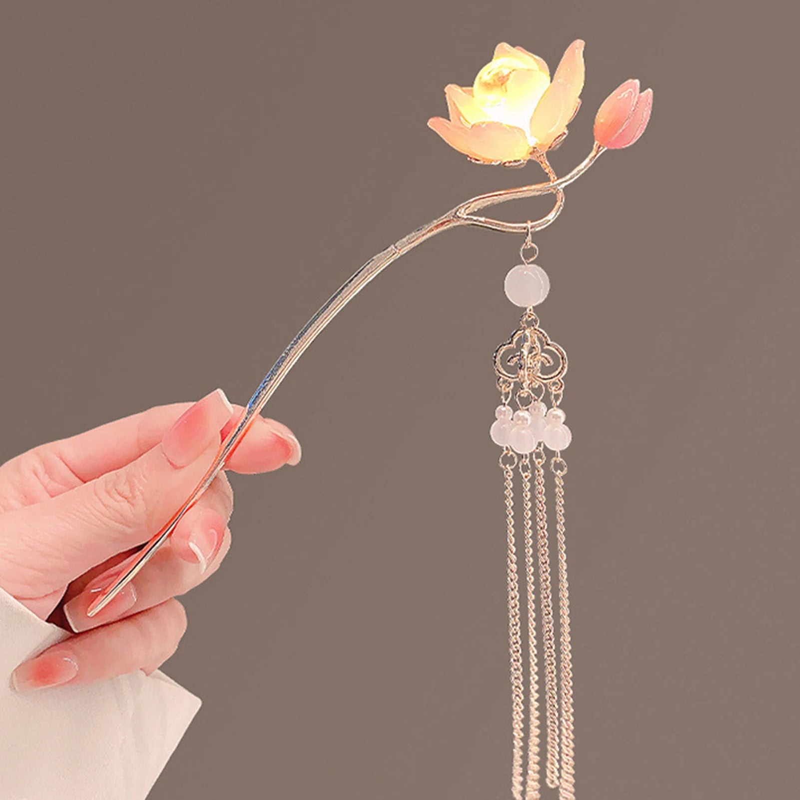 Luminous Flower Hairpin For Women Creative Lotus Emit Light Lantern Tassel Hair Stick Vintage Chinese Style Metal Hair Accessory - chinatopmarket