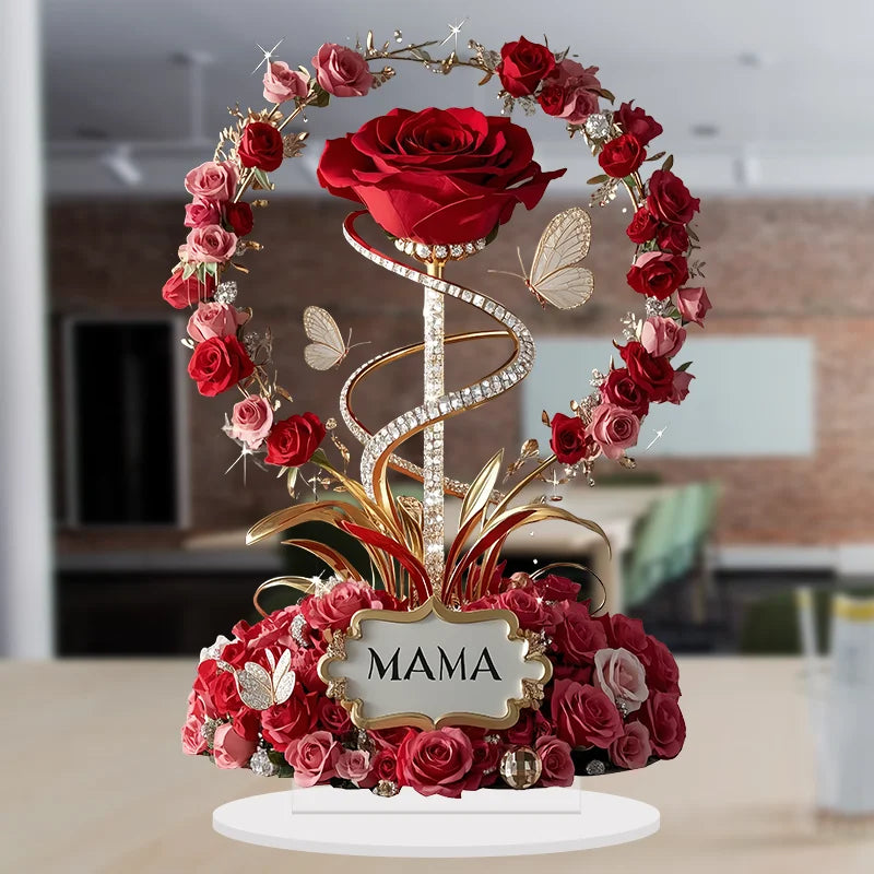 2D Acrylic Ornament Red Rose MOM Pattern Roses Mother Flat Elegant Desk Decora Filial Child to Mother Gifts - chinatopmarket