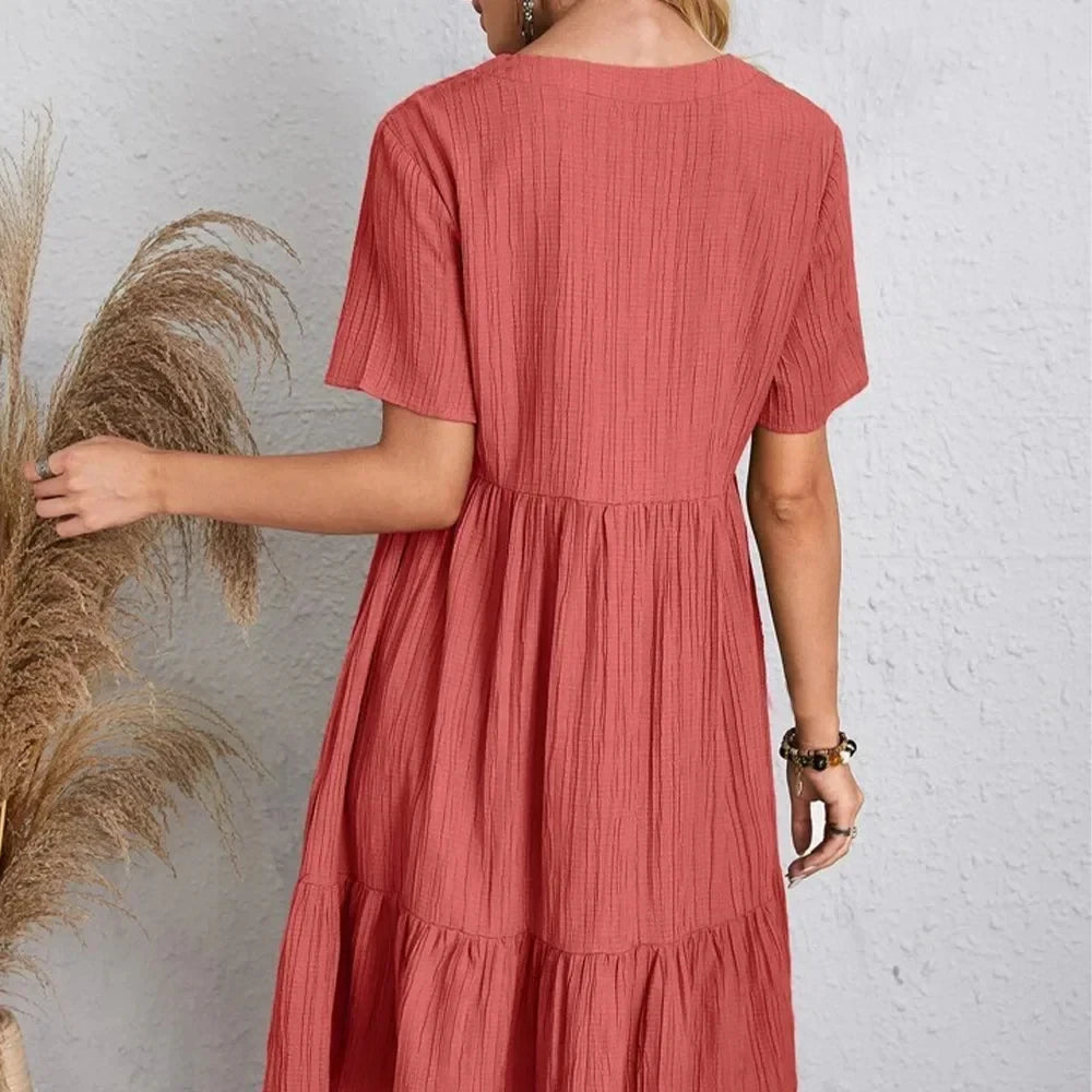 Women Summer Peplum Dresses Spring V-Neck Short Sleeve Loose Waist Ruffle Fit Flare Vocation Dresses - chinatopmarket
